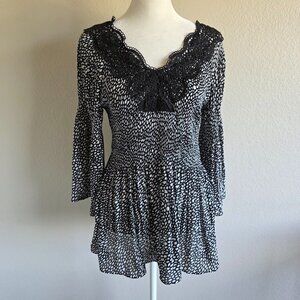 SPENSE Top Blouse Pleated Crinkle Abstract Black White Lace Neck 3/4 Petite M PM
